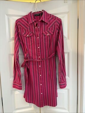 Wrangler Hot Pink Striped Long-Sleeve Shirt Dress
